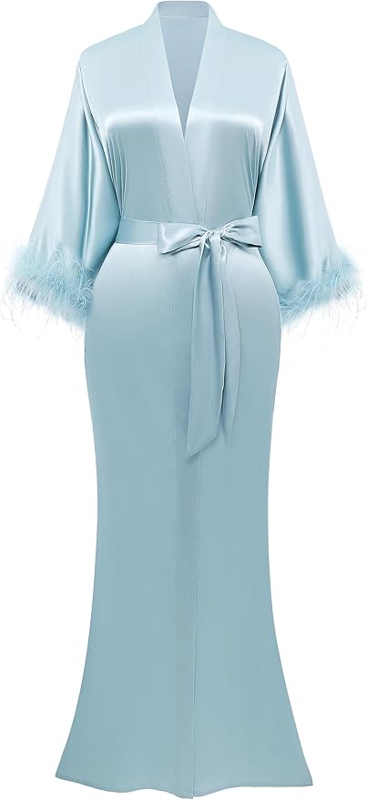 PRODESIGN Satin Kimono Robe Long Silky Bathrobe with Ostrich Feather Trim Sleepwear Wedding Bridesmaid Dressing Gown