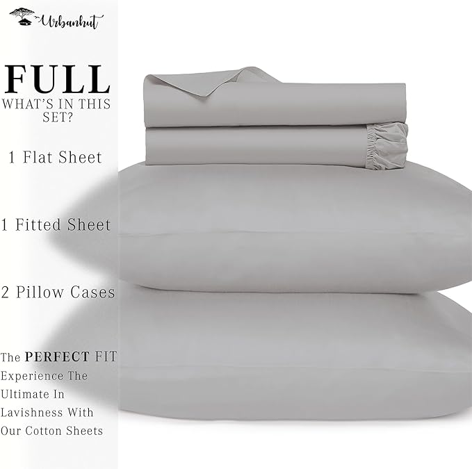 URBANHUT 800 Thread Count 100% Cotton Full Size Sheets, Luxury 4 Piece Full Bedsheets, Hotel Sheets Sateen Finish - Better Than Egyptian, 16" Elasticized Deep Pocket - Silver Grey
