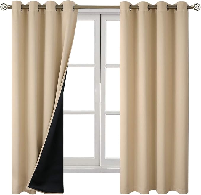 BGment Thermal Insulated 100% Blackout Curtains for Bedroom with Black Liner, Double Layer Full Room Darkening Noise Reducing Grommet Curtain (52 x 72 Inch, Beige, 2 Panels)