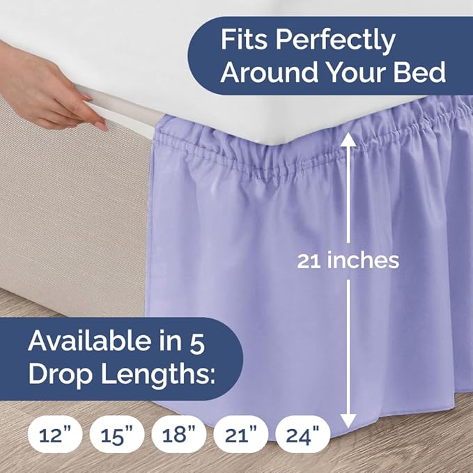 Wrap Around Dust Ruffle Bed Skirt - Lavender - for Queen Size Beds with 21 Inch Drop - Elastic Strap - Adjustable Pleated Bedskirt with Brushed Fabric and Wrinkle Free - for Women, Men, Kids & Teens