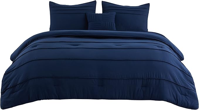 Bedsure Queen Comforter Set - 4 Pieces Pinch Pleat Bed Set, Navy Blue Boho Bedding for All Season, 1 Soft Comforter, 2 Pillowcases, 1 Decorative Pillow