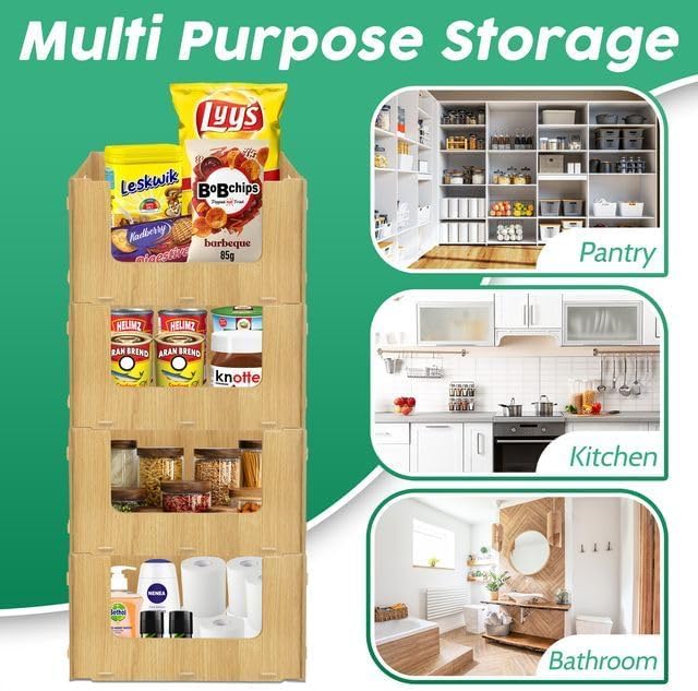 TidyFriend Wooden Stackable Storage Bins for Pantry, 4 Pack Stackable Bins For Organizing Food, Kitchen, and Bathroom Essentials (Wood)