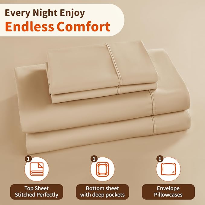 LBRO2M 1000 Thread Count 100% Egyptian Cotton Sheets Set Twin, 3 Piece Sets Bed Sheet Deep Pocket Sheet Set 16" Soft Comfortable All Season (Twin, Cream)