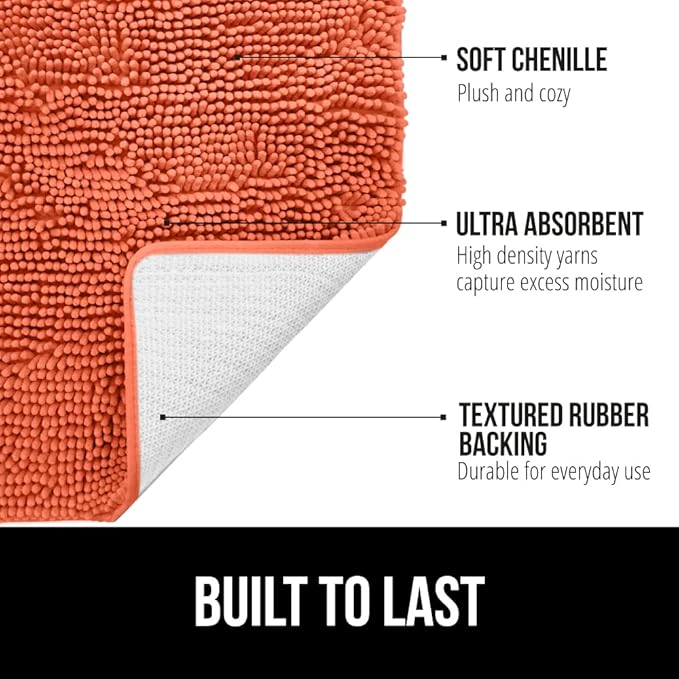 GORILLA GRIP Bathroom Rug Sets, Soft Chenille 2 Piece Area Rugs Set, Toilet Base Mat and 30x20 Carpet, Absorbent Microfiber Washable Mats Dry Quickly, Home Décor and Bath Room Accessories, Coral