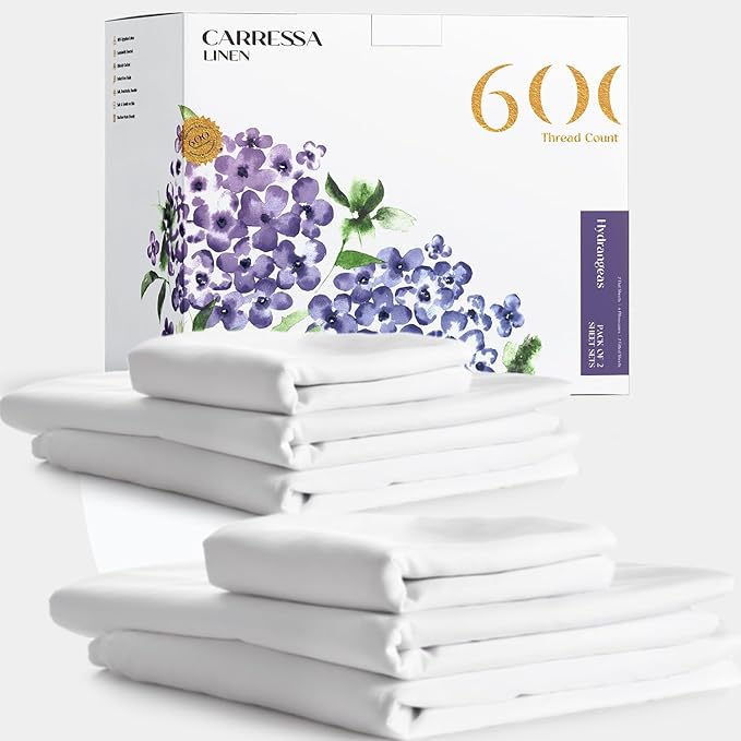 Carressa Linen 100% Egyptian Cotton King Size Sheets Set - 600 Thread Count Egyptian Cotton Queen Sheets King Size (4 PC, Crisp White), Soft, Cooling, 16" Deep Pocket Sateen Weave Luxury Bed Sheet