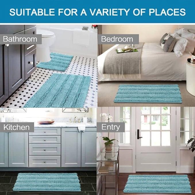 H.VERSAILTEX Bathroom Rugs Set 2 Piece Bathroom Contour Rug Toilet Mat Sets, Non Slip, Contou,r Ultra Thick, Water Absorbent, Striped Bath Rug, Washable(20" x 32" Plus 20" x 20" U, Aqua Haze)