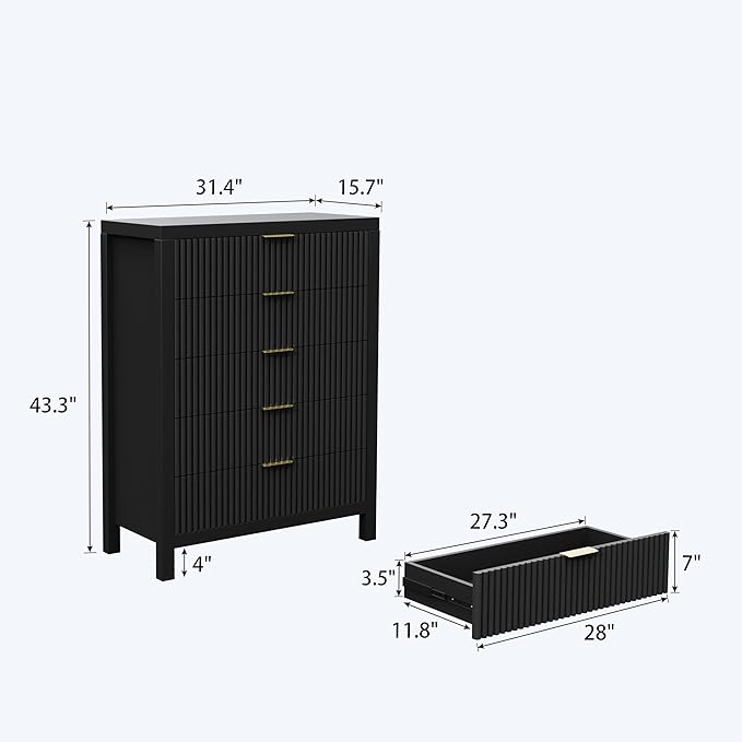 5 Drawer Dresser, 43" Tall Dresser Organizer TV Drawer Cabinet Modern Wood Storage Cabinet, Modern Wood Storage Cabinet for Bedroom, Hallway, Entryway, Black Oak X 2