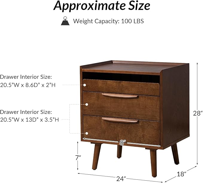 HULALA HOME 2 Drawer End Table with Pull-Out Shelf, Mid-Century Modern End Table with Wood Legs, Wood Side Table with Charging Station(Walnut, Set of 2)