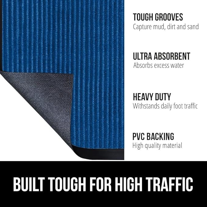 GORILLA GRIP Waterproof Traffic Guard Door Mat, 47x35, Heavy Duty Entryway Mats, Strong Rubber Back Commercial Utility Rugs for Office Hallway, Garage Floor and Home, Low Profile Carpet Runner, Blue