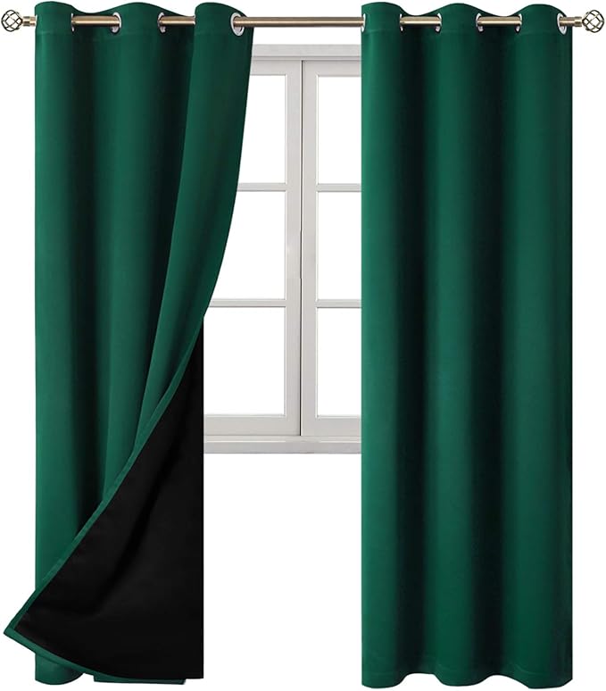 BGment Thermal Insulated 100% Blackout Curtains for Bedroom with Black Liner, Double Layer Full Room Darkening Noise Reducing Grommet Curtain (42 x 84 Inch, Emerald, 2 Panels)