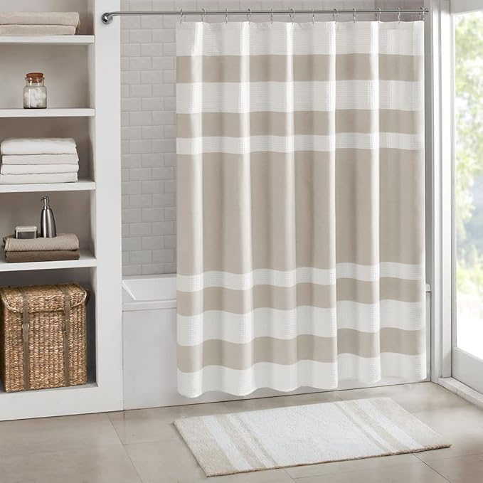 Madison Park Shower Curtain Waffle Weave Striped Pieced Design Fabric Shower Curtain for Bathroom with 3M Scotchgard Moisture Management Premium Spa Quality Modern Standard 72"x72" Taupe