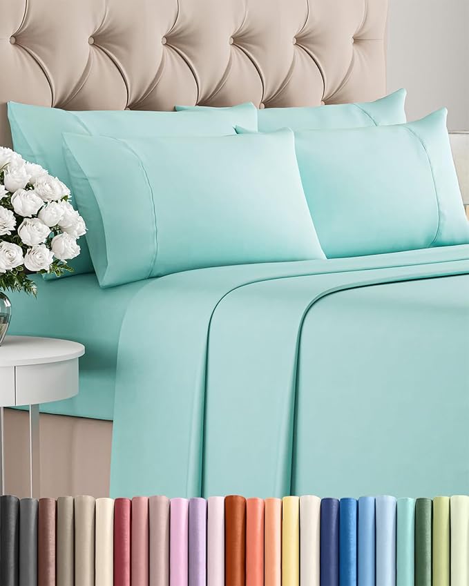 Cal King 6 Piece Sheet Set - Cooling, Comfy & Breathable - Hotel Luxury Bedding, Includes Fitted Sheet for Women, Men, Kids & Teens - 1 Flat, 1 Fitted Sheet, 4 Pillowcases w/Deep Pockets - Spa Blue