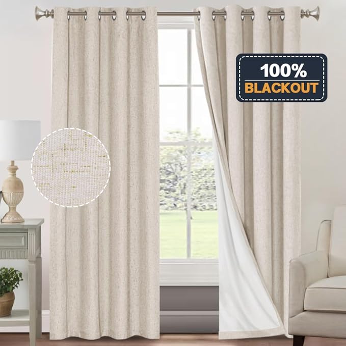 PrinceDeco Primitive Textured Linen 100% Blackout Curtains for Bedroom/Living Room Energy Saving Window Treatment Curtain Drapes, Burlap Fabric with White Thermal Insulated Liner (52 x 96in, Natural)