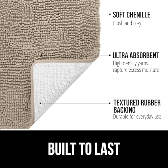 GORILLA GRIP Bath Rug Mat 36x24, Thick Absorbent Chenille, Quick Dry Microfiber Mats, Rubber Backing Washable Shower Floor Rugs, Bathmat Runner, US Designed Bathroom Home Decor Accessories Gray Beige