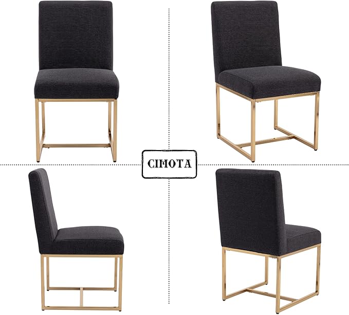 CIMOTA Black Modern Dining Chairs Set of 8, Upholstered Dining Room Chairs Armless Guest Side Chair with Gold Base for Dining Room/Kitchen, Charcoal Black, 8PCS