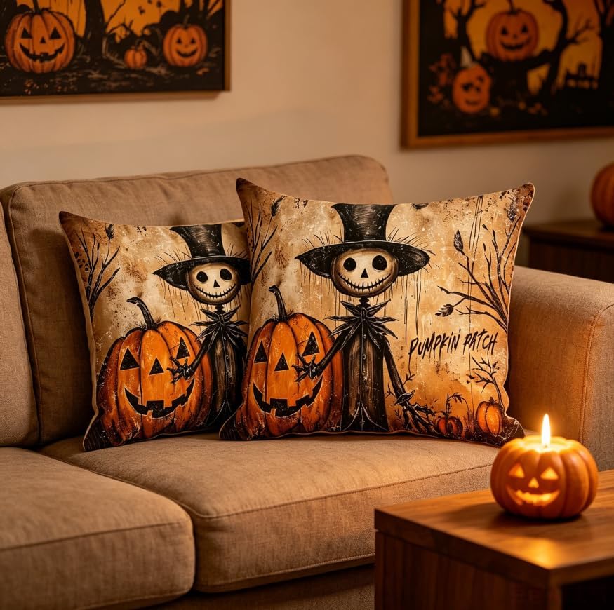 Halloween Throw Pillow Covers, Pumpkin Ghost Skeleton Design, 18x18 Inch - Image 6