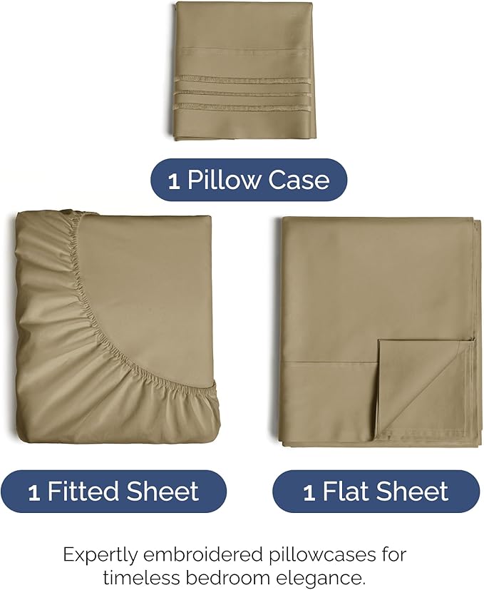 Twin Size 3 Piece Sheet Set - Comfy Breathable & Cooling Bed Sheets Set - Hotel Luxury Bedding for Women, Men, Kids, Teens, Boys & Girls - Deep Pockets, Ultra-Soft and Wrinkle Free - Oeko-Tex - Khaki