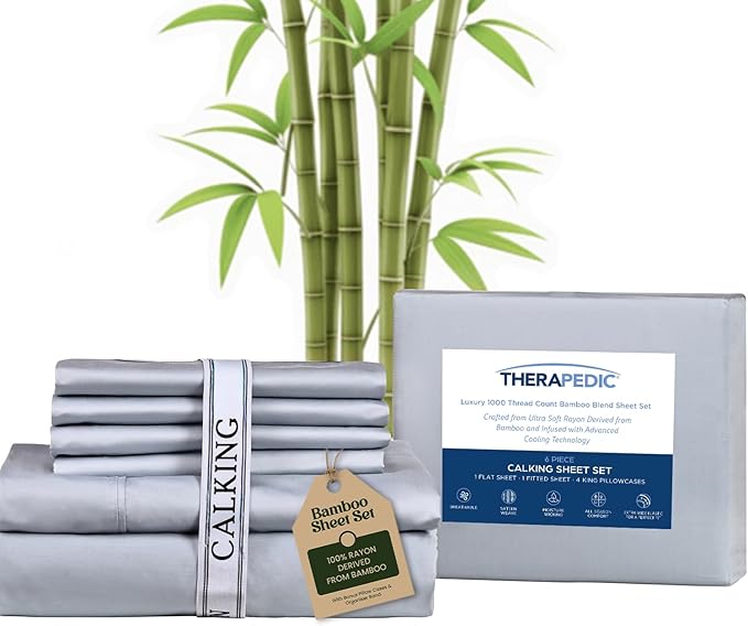 Therapedic 1000TC California King 6-Piece Sheet Set - 100% Organic Rayon Derived from Bamboo Blend with Cooling Fiber,Ideal for Hot Sleepers - 16" Deep Pocket Fitted Sheet,Bonus Pillowcases-Light Blue