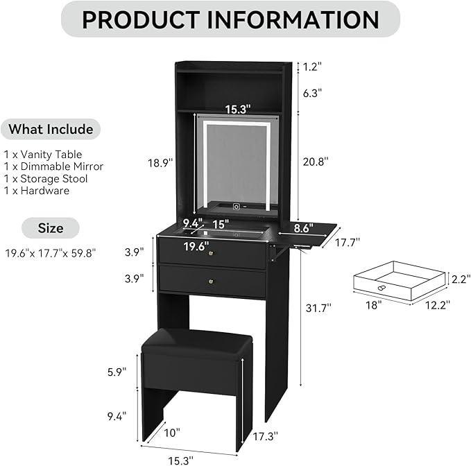 ARTETHYS Small Vanity Desk Set with 3 Adjustable Lighted Mirror and Storage Chair Mini Black Makeup Vanities Set for Bedroom Compact Make up Dressing Table with Fold-up Panel for Tiny Space