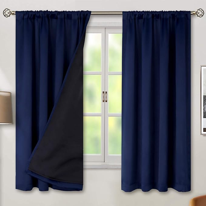 BGment Thermal Insulated 100% Blackout Curtains for Bedroom with Black Liner, Double Layer Full Room Darkening Noise Reducing Rod Pocket Curtain (42 x 63 Inch, Navy Blue, 2 Panels)