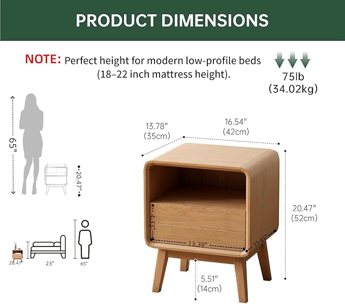 100% Solid Wood Nightstand Set of 2, Small Night Stand with Drawer and Open Shelf, Natural Wood Nightstand, Mid Century Modern Night Stand, Wooden Bedside Table for Bedroom(20.47" H)