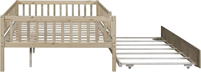 Bellemave Full Size Bed Frames with Rails for Kids, Full daybed Frame with Trundle for Boys/Girls/Adults， Natural