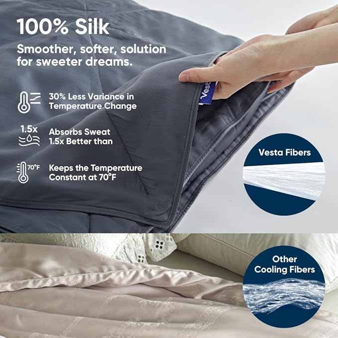Vesta Washable Silk Lightweight Comforter, Cooling Blanket for Hot Sleepers, 100% Long Staple Mulberry Silk, Moisture & Thermal Control for Summer Use (Pine Grey, Full/Queen 90'' X 90'')