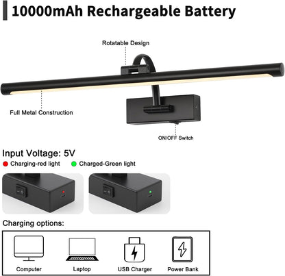 Dimmable Black Picture Lights with Remote and Timer Wireless Art Lights Rechargeable Gallery Lighting for Canvas Portrait 24'' Inch 5W Warm White