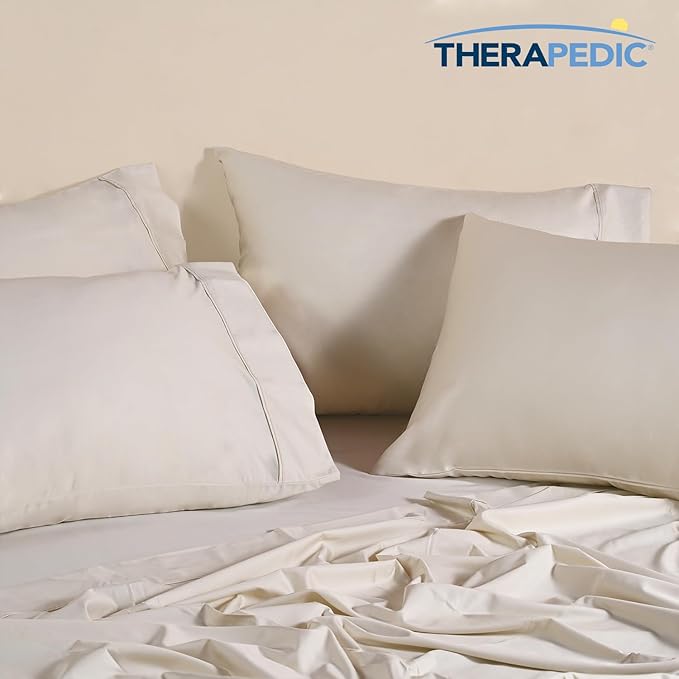 Therapedic 1000TC Queen 6-Piece Sheet Set - 100% Organic Rayon Dervied from Bamboo Blend with Cooling Fiber, Ideal for Hot Sleepers - 16" Deep Pocket Fitted Sheet, Bonus Pillowcases - Ivory
