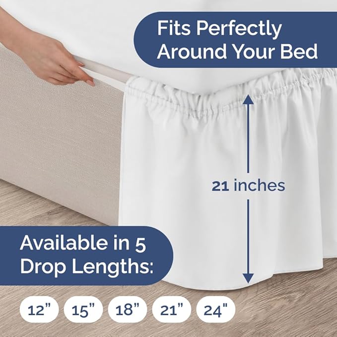 Wrap Around Dust Ruffle Bed Skirt - White - for Queen Size Beds with 21 Inch Drop - Easy Fit Elastic Strap - Adjustable Pleated Bedskirt w/Brushed Fabric - Wrinkle Free - for Women, Men, Kids & Teens