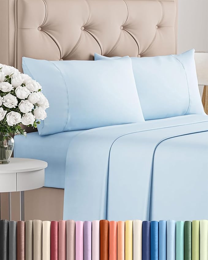 Twin XL 4 Piece Sheet Set - Cooling, Comfy & Breathable - Hotel Luxury Bedding, Includes Fitted Sheet for Women, Men, Kids & Teens - 1 Flat, 1 Fitted Sheet, 2 Pillowcases w/Deep Pockets - Baby Blue