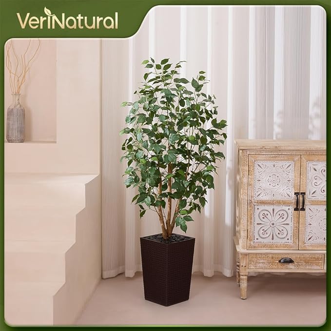 5ft Artificial Ficus Tree,Tall Faux Tree with Silk Leaves & Real Wood Trunk,UV Resistant Potted Fake Plant with Pebbles & Planter,Indoor Outdoor Floor Plant for Home,Living Room,VN129