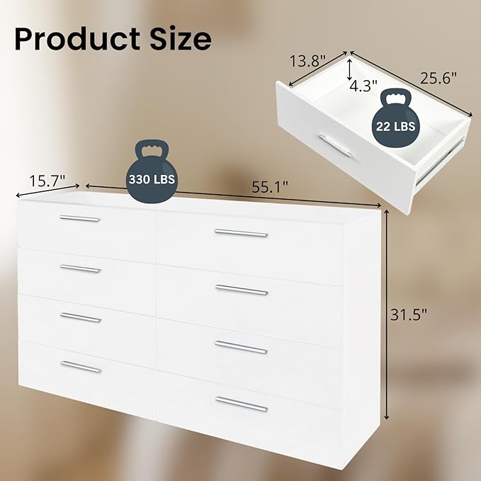 Karl home 8 Drawer Dresser, Wood White Vanity Drawer Cabinet, Bedroom Storage Cabinet TV Stand, Large Dresser Storage Chest with Deep Drawers, Bedroom Furniture，55.1 * 31.5 * 15.7 inches