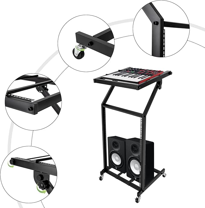 16U Professional DJ Stand Rack Mount DJ Mixer Stand Adjustable Stage Cart w/Wheel for Music Party Show Music Studios Performance Stages Concert Venues
