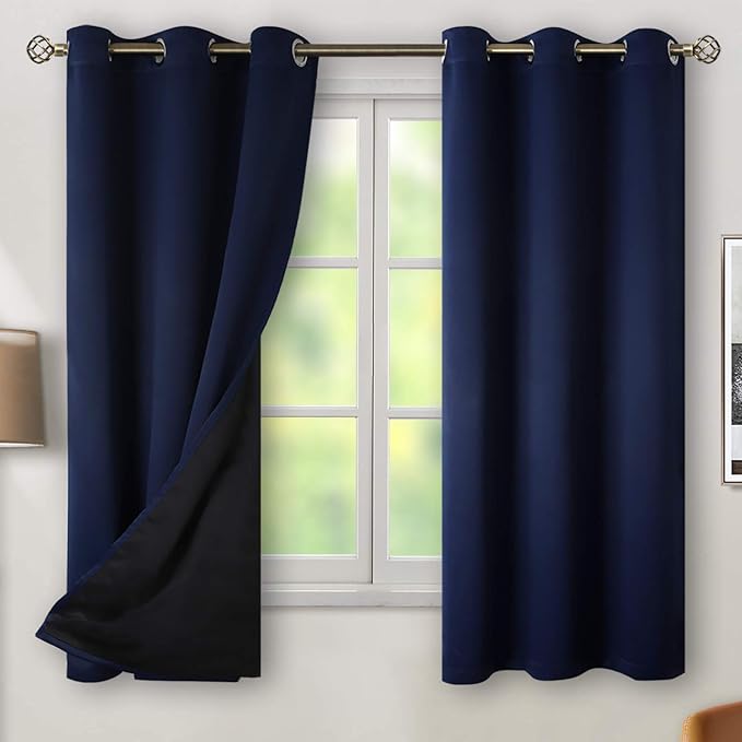BGment Thermal Insulated 100% Blackout Curtains for Bedroom with Black Liner, Double Layer Full Room Darkening Noise Reducing Grommet Curtain (38 x 63 Inch, Navy Blue, 2 Panels)