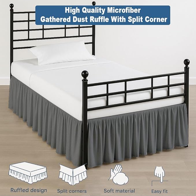 Ruffled Bed Skirt Split Corners with Platform, Tailored Fit Hotel Quality Wrinkle Free Ultra-Soft Microfiber Dust Ruffle, Upto 16 Inch Drop, Full XL, Dark Grey