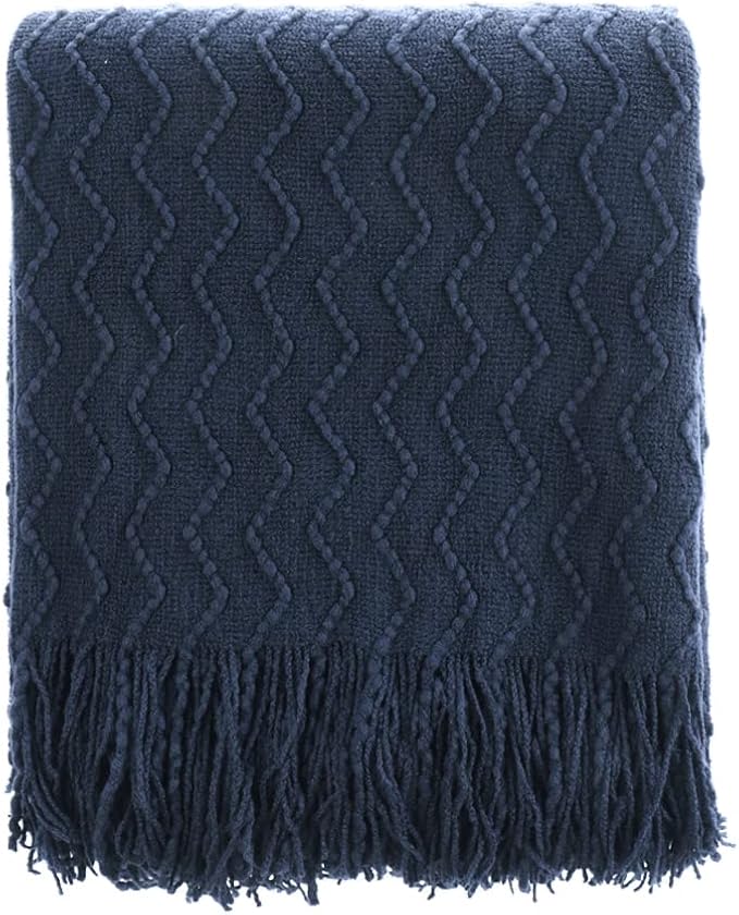 BATTILO HOME Navy Blue Throw Blanket for Couch, Textured Soft Navy Throw, Decorative Knitted Navy Blanket Throw for Sofa Bed Living Room, 50"x60"