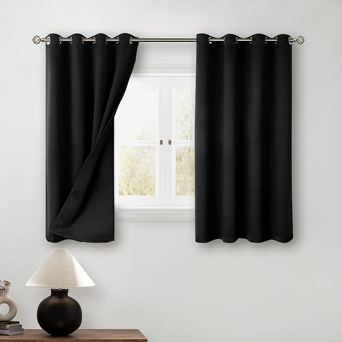 BGment Short 100% Blackout Curtains for Bedroom, Thermal Insulated Energy Efficiency Noise Reducing Grommet Curtains 54 Inch Length with Liner for Small Window 2 Panels Each 52 Inch Wide, Black