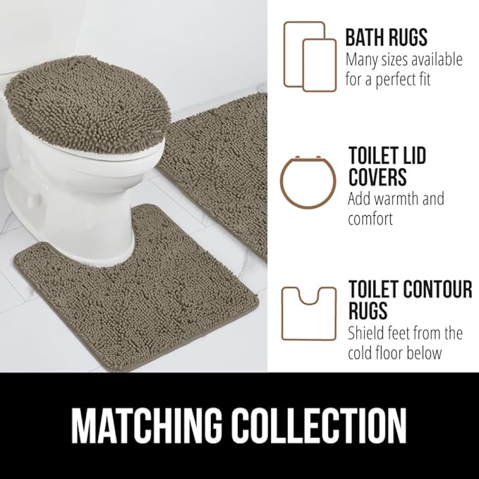 Gorilla Grip Shaggy Chenille Bath Rug Mat for Toilet Base, Machine Washable, Microfiber Dries Quickly, Plush Absorbent Contour Mats for Toilets, Bathroom Decor, Oval U-Shape, 22'' x 19'' x 15'', Latte