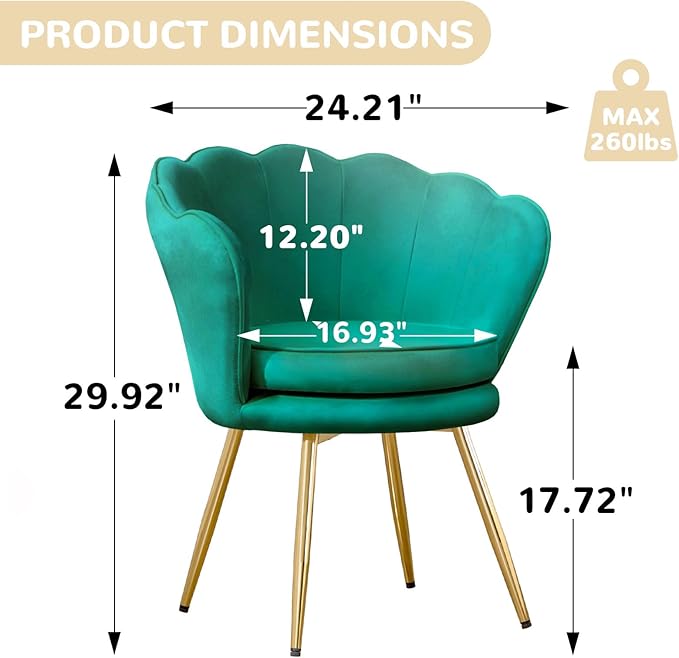 Velvet Vanity Chair with Back, Mid-Century Modern Small Accent Chair for Living Room, Golden Metal Legs Upholstered Makeup Chair, 1Pcs Bedroom Armchair, Emerald Green
