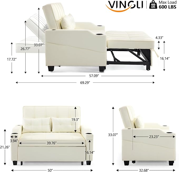 VINGLI Beige Loveseat Sleeper Sofa, Convertible Futon Sofa Bed Faux Leather Pullout Couch Bed with USB Ports, Cup Holders, Armrest for Living Room, Bedroom, Home Office Apartment