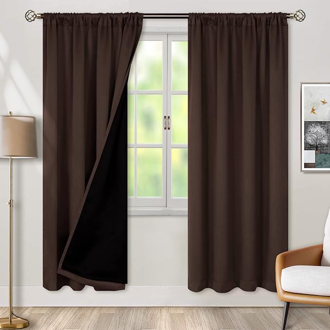BGment 100% Blackout Curtains for Bedroom with Black Liner, Double Layer Full Room Darkening Thermal Insulated and Noise Reducing Rod Pocket Curtain (42 x 72 Inch, Brown, 2 Panels)