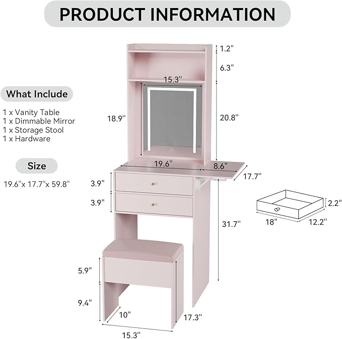 ARTETHYS Small Vanity Desk Set with 3 Adjustable Lighted Mirrors and Lights, Pink Makeup Vanities Set for Compact Space with Storage Stool White Dressing Table with Fold-up Panel for Bedroom