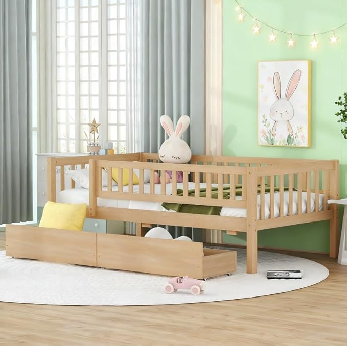 Bellemave Twin Bed Frames with Rails for Kids, Twin daybed Frame with Drawers for Boys/Girls/Adults， Natural