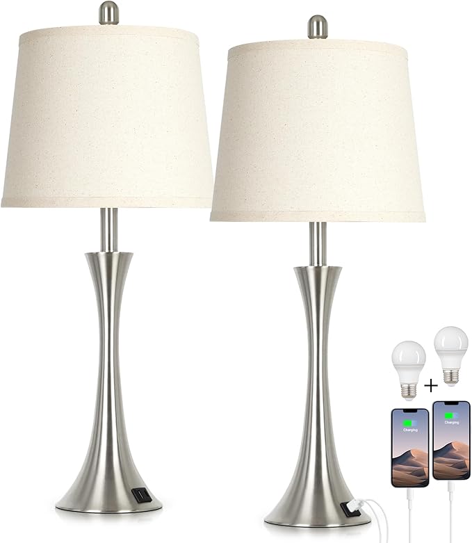 27.5" Silver Table Lamps Set of 2, Touch Bedside Lamps with USB C+A Ports, 3 Way Dimmable Nightstand Lamps for Bedroom, Living Room, Office, Silver Lamp with Beige Lampshade, Bulbs Included