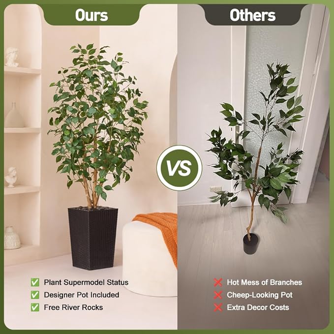 5ft Artificial Ficus Tree,Tall Faux Tree with Silk Leaves & Real Wood Trunk,UV Resistant Potted Fake Plant with Pebbles & Planter-Indoor Outdoor Floor Plant for Home,Living Room,VN129