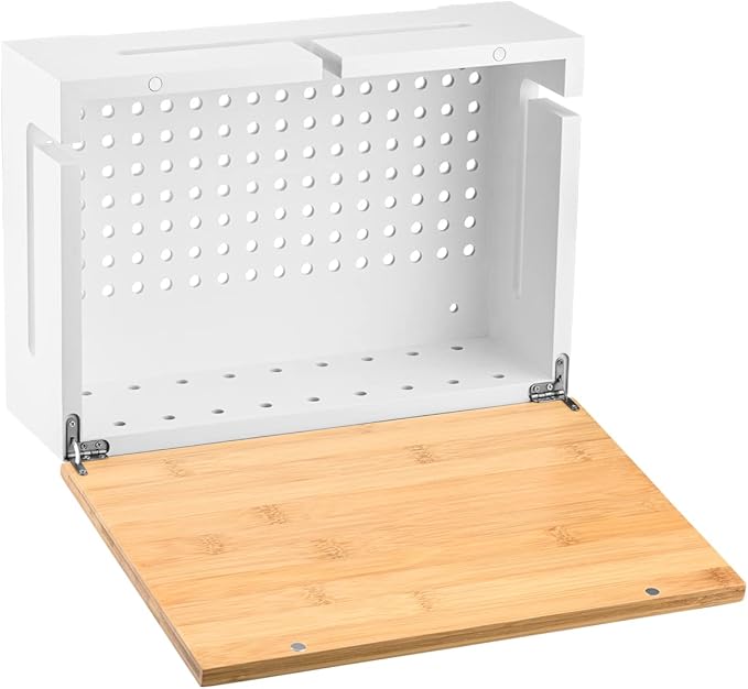 Bamboo Cable Management Box with Magnetic Lid - 12,6x7,9x4.3 in - Durable Cable Organizer to Hide Cords & Power Strip - Wall Mountable - Including Hardware - for Home, Office, Desk & More (White)