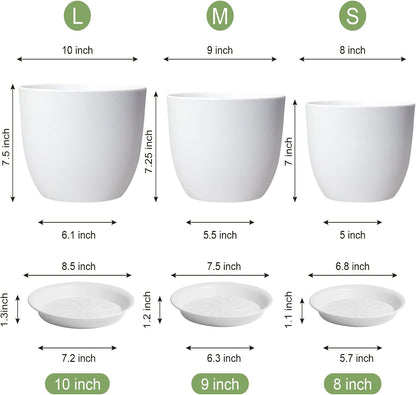 10/9/8 inch Medium Flower Pots, 3 Pack Modern Decorative Plastic Planters with Drainage Holes and Tray, Plant Pots for Indoor Outdoor Plants, White