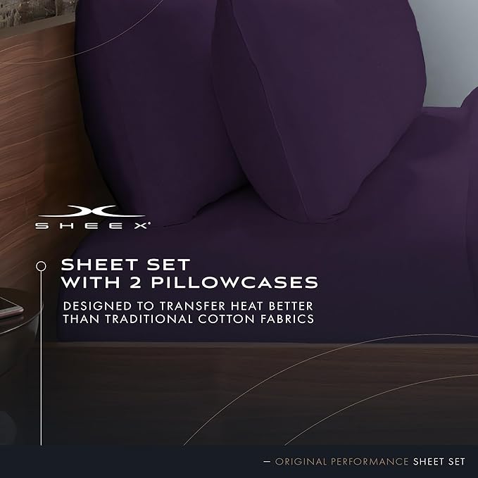SHEEX - Original Performance Sheets Set (Full) Royal Plum - Cooling Sheets - Moisture Wicking - 1 Flat Cooling Sheet, 1 Fitted Cooling Sheet, 2 Pillow Covers - Wrinkle Free - Sleep Aid