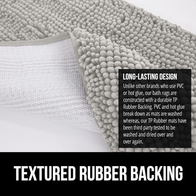 GORILLA GRIP Bath Rug Mat 30x20, Soft Absorbent Chenille, Quick Dry Microfiber Mats, Rubber Backing Washable Shower Floor Rugs, Bathmat Runner, US Designed Bathroom Home Decor Accessories Light Gray